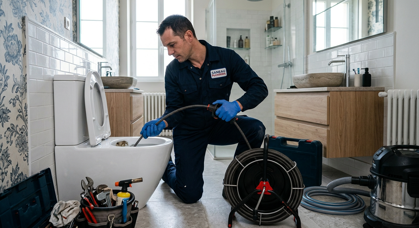 Plombier débouchant des WC avec un furet électrique à Châtillon