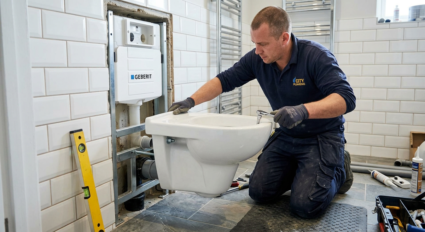 Pose de WC suspendu par un plombier professionnel à Châtillon